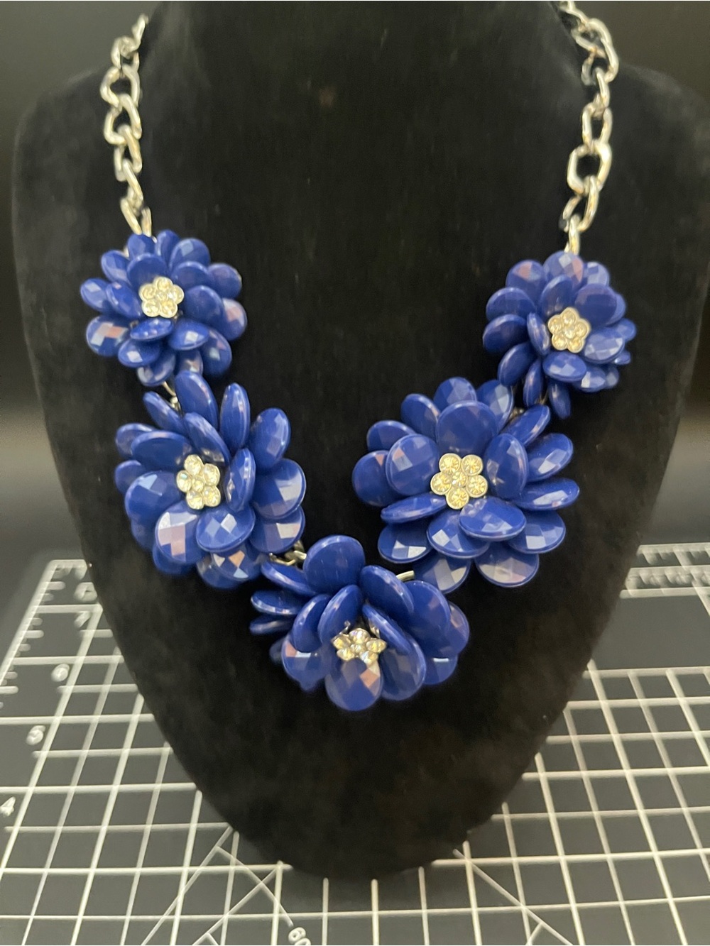 Royal Blue Floral Rhinestone Statement Necklace Silver Tone